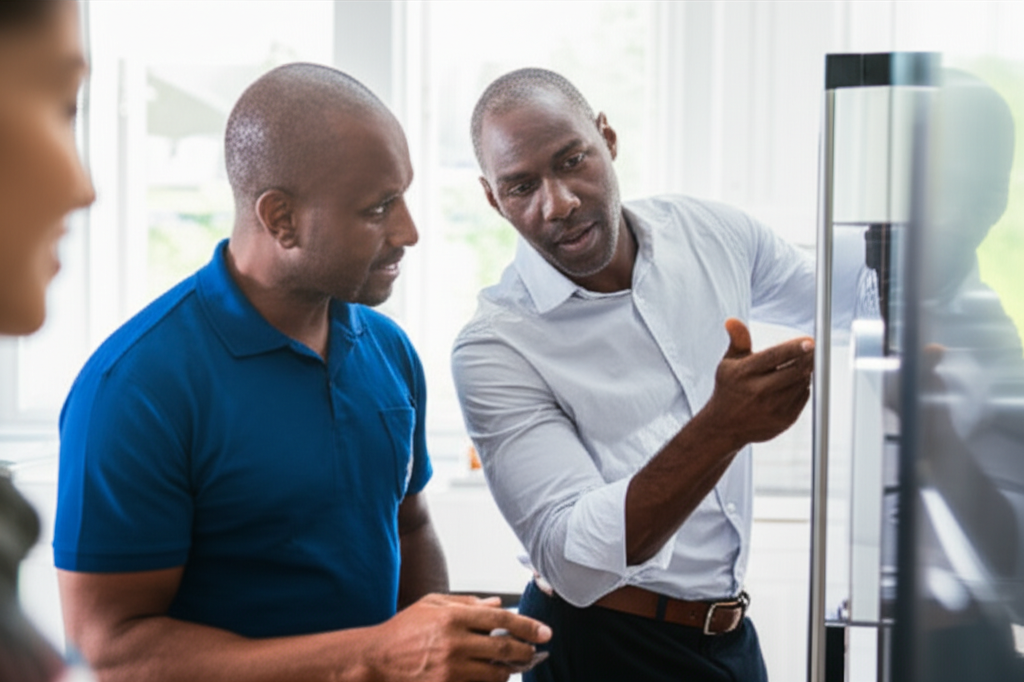 Technician explaining repair pricing to homeowner