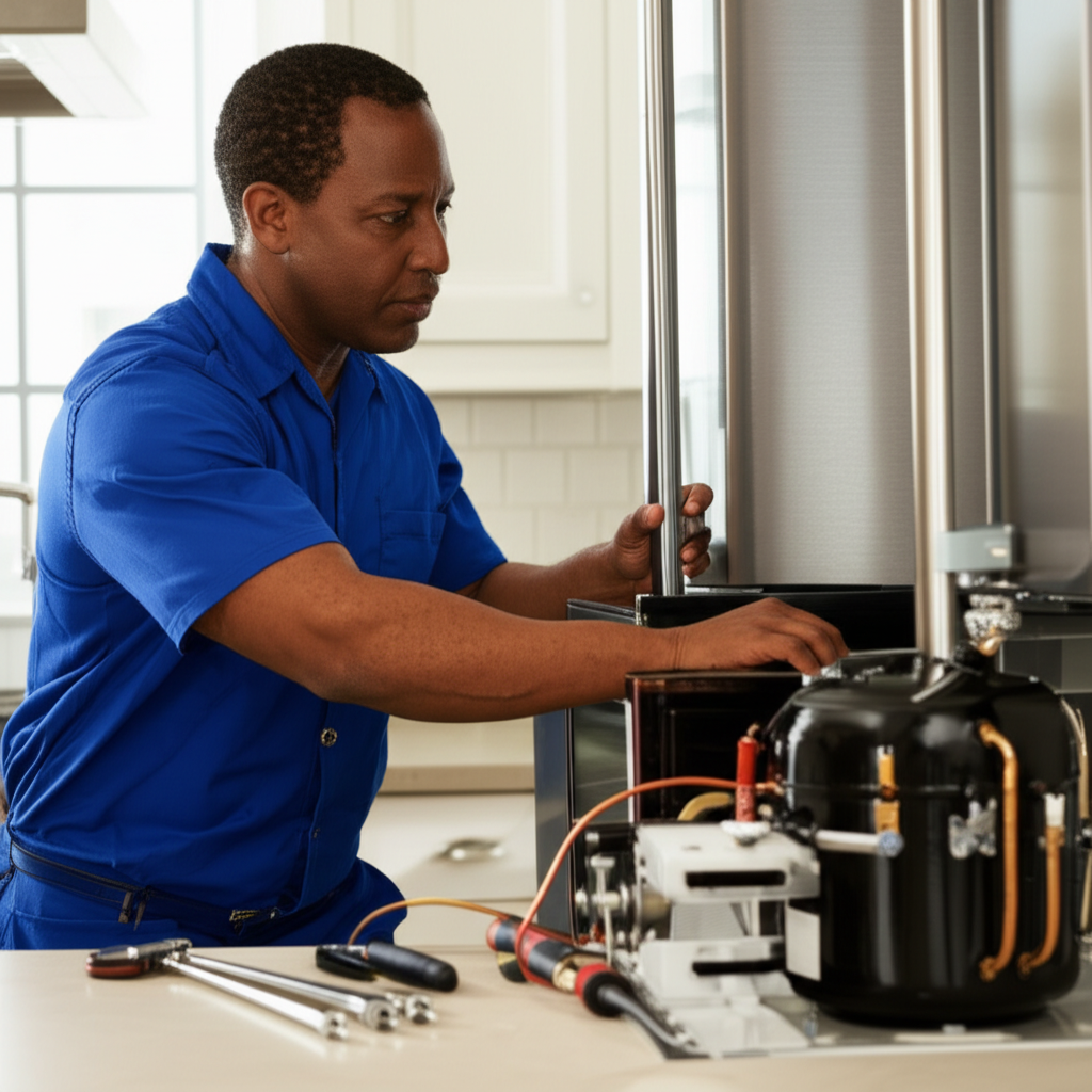 Certified technician repairing luxury refrigerator